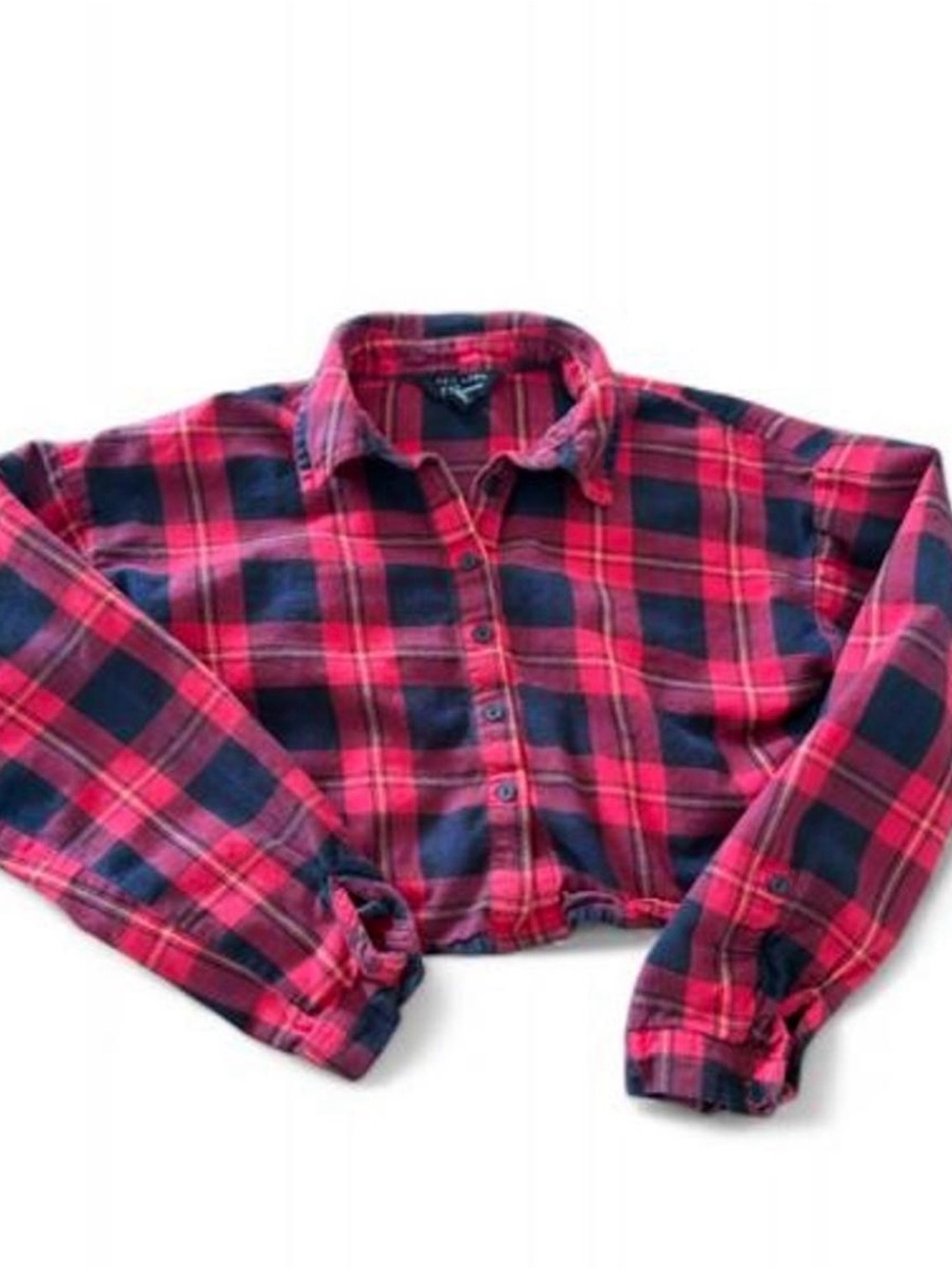 Red & Black Large girls cropped button up long sleeve shirt plaid flannel 10/11
